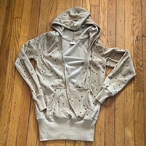 Y2K velour hoodie with extreme plunge V neck heart print sandy brown in color